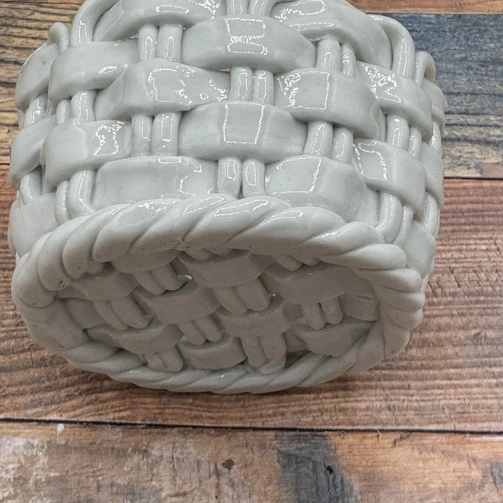 Vintage Ceramic Open Weave White Lattice Fruit Basket Pear Applique w Faux Fruit